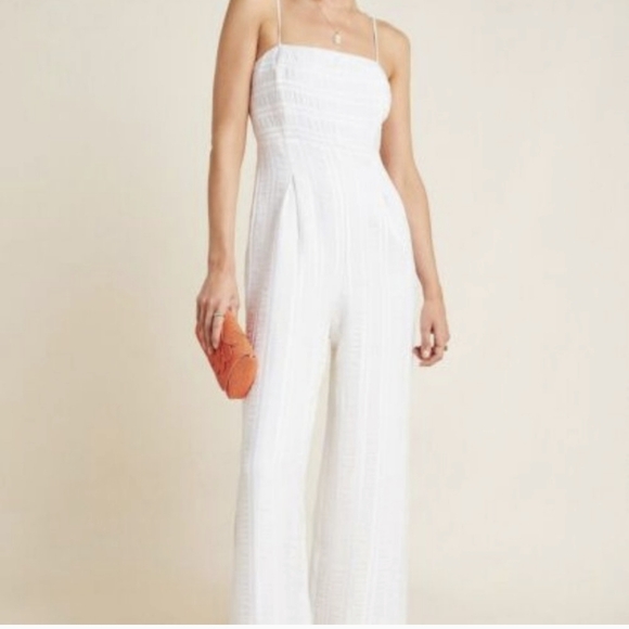 Anthropologie Endless Rose White Textured Strappy Jumpsuit, L , NWT